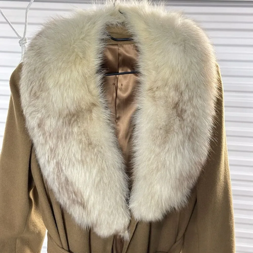 Vintage Regency Cashmere Coat Women Medium 70s Glam Fashion Fox Fur Long Brown - Picture 7 of 14